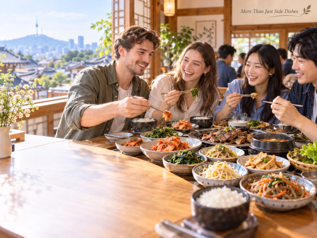 한국 식당 테이블에 김치와 나물, 조림 등 다양한 반찬이 차려진 한국 반찬 문화